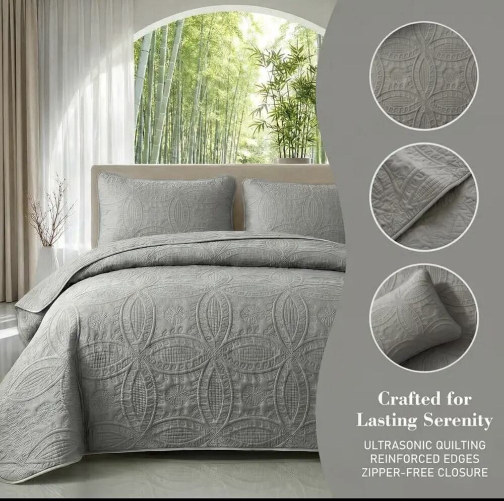 Ultrasonic, Embossed, Bedspread Full/ Queen Size Quilt In Gray Brand New